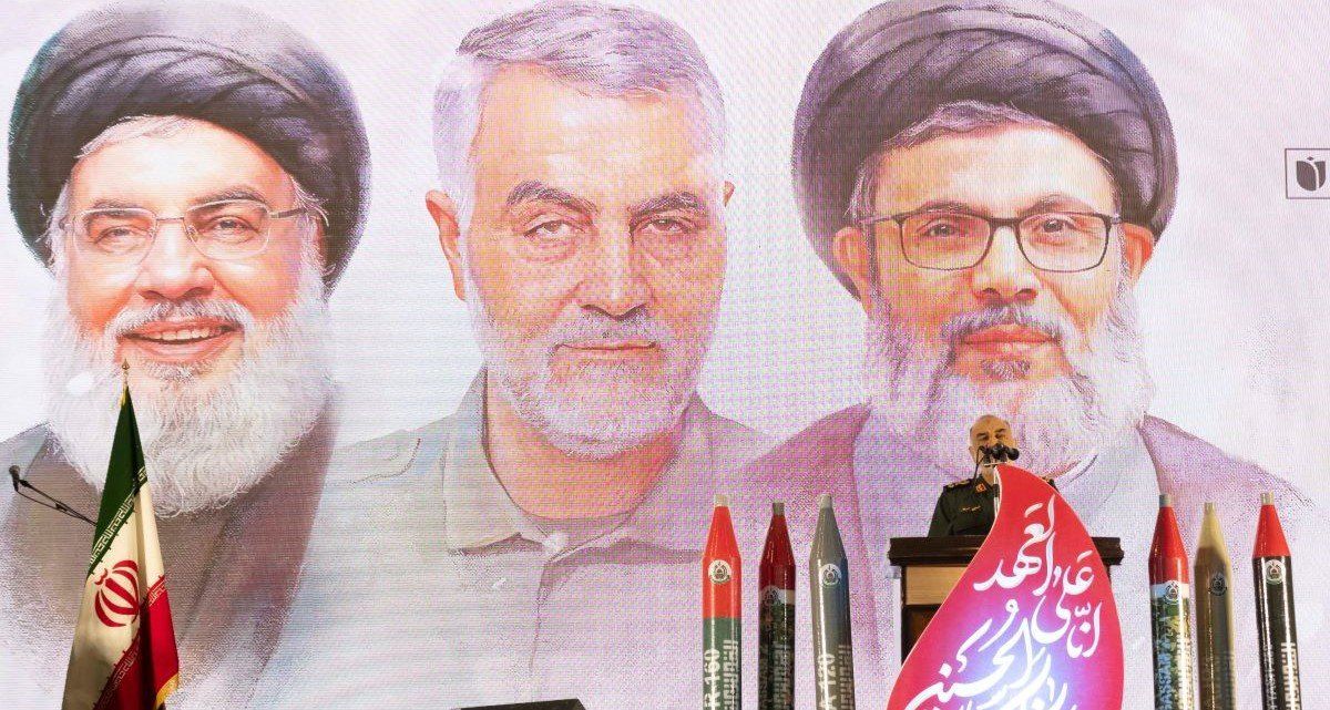 ​Commander-in-chief of the Islamic Revolutionary Guard Corps, Hossein Salami, speaks during a rally commemorating Hezbollah's late leader.