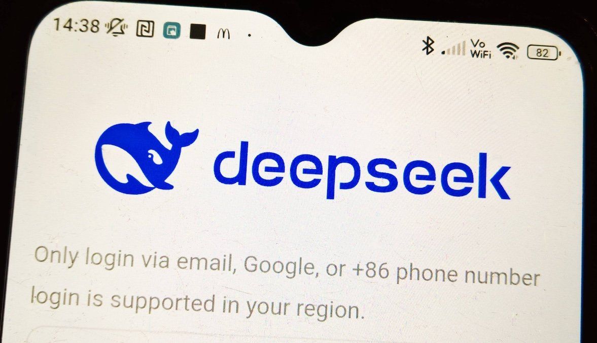 ​DeepSeek logo seen on a cell phone.