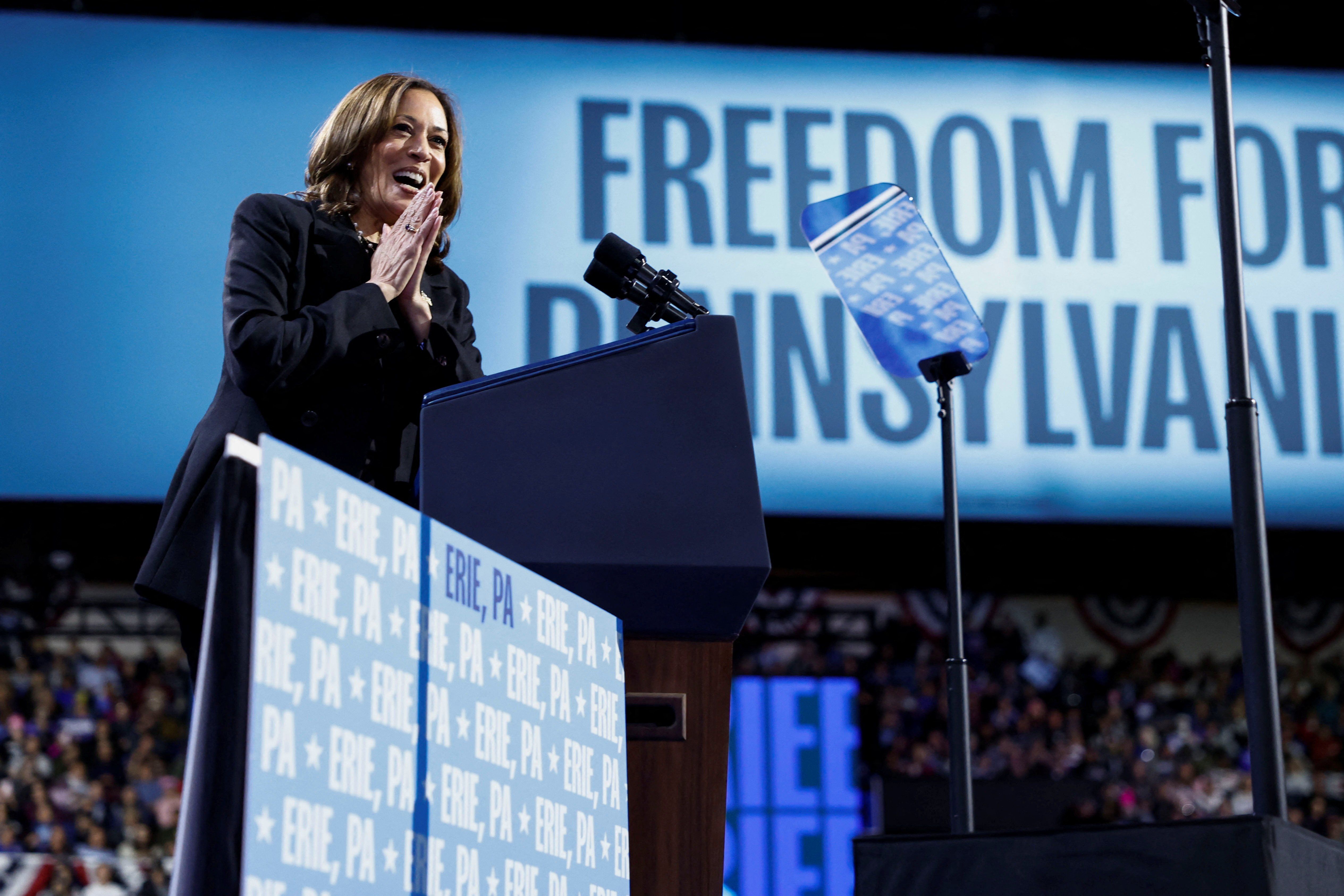 ​Democratic presidential nominee and U.S. Vice President Kamala Harris attends a campaign rally, in Erie, Pennsylvania, U.S., October 14, 2024. 