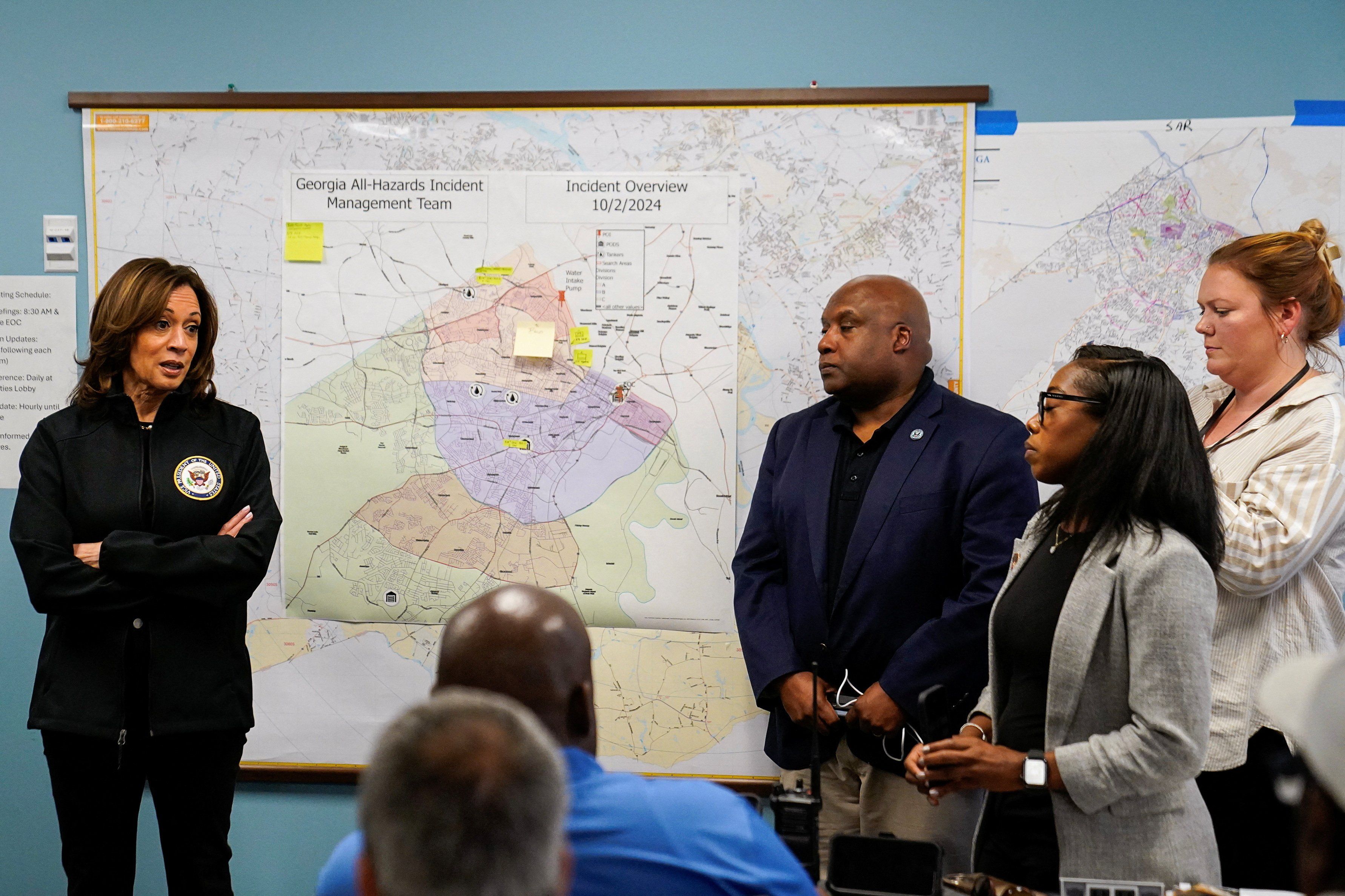 ​Democratic presidential nominee and U.S. Vice President Kamala Harris speaks to first responders at the Augusta Emergency Operations Center during a visit to storm-damaged areas in the wake of Hurricane Helene, in Augusta, Georgia, U.S., October 2, 2024. 