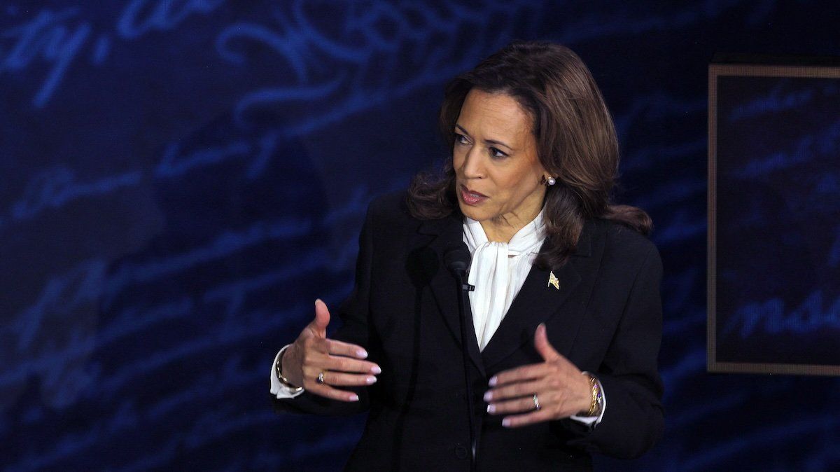 ​Democratic presidential nominee, U.S. Vice President Kamala Harris gestures as she speaks during a presidential debate with Republican presidential nominee, former U.S. President Donald Trump, in Philadelphia, Pennsylvania, U.S., September 10, 2024.