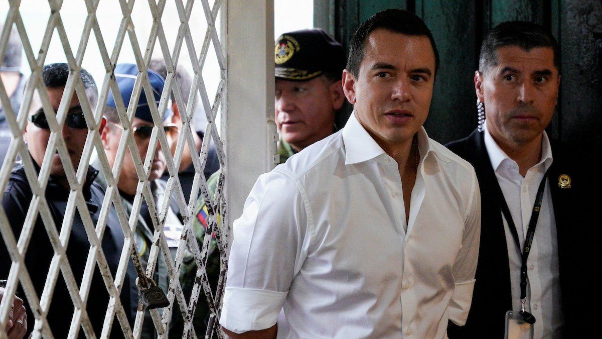 ​Ecuador's President Daniel Noboa looks on as his wife Lavinia Valbonesi (not pictured) takes part in a referendum that asks voters to support mostly security-related questions to fight rising violence, in Guayaquil, Ecuador April 21, 2024. 