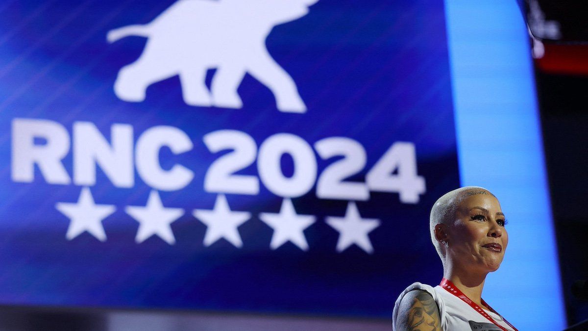 ​Entertainer and convention speaker Amber Rose stands at the podium ahead of the Republican National Convention in Milwaukee, Wisconsin, U.S., July 14, 2024. 