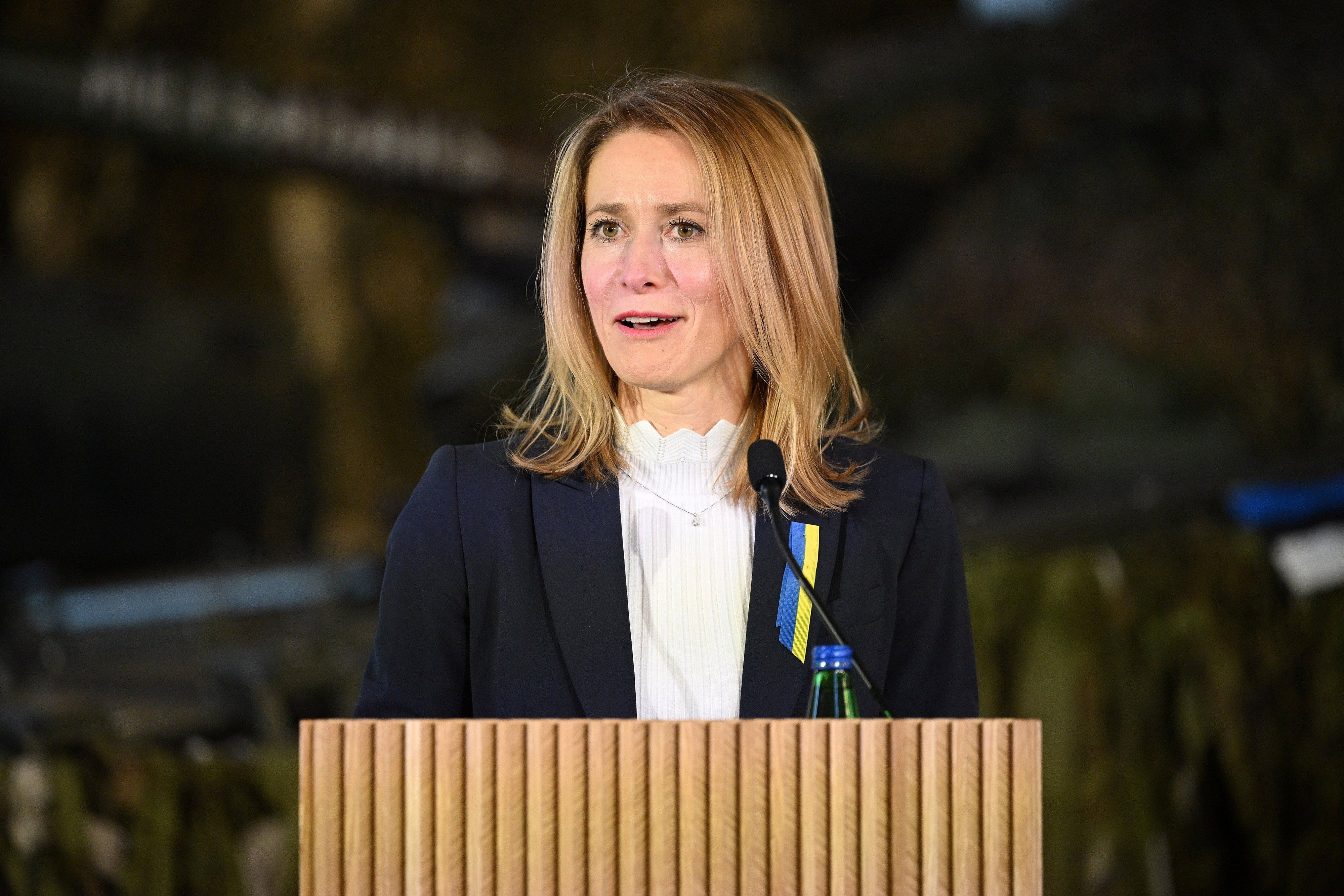 Estonia's Prime Minister Kaja Kallas speaks during a joint press conference with British Prime Minister Boris Johnson and NATO Secretary-General Jens Stoltenberg (not pictured) at the Tapa Military Base, in Tallinn, Estonia March 1, 2022.