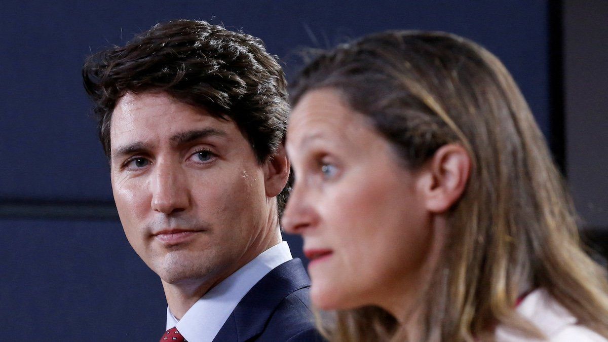 ​FILE PHOTO: Canada's Prime Minister Justin Trudeau listens to Foreign Minister Chrystia Freeland during news conference in Ottawa, Ontario, Canada, May 31, 2018. 