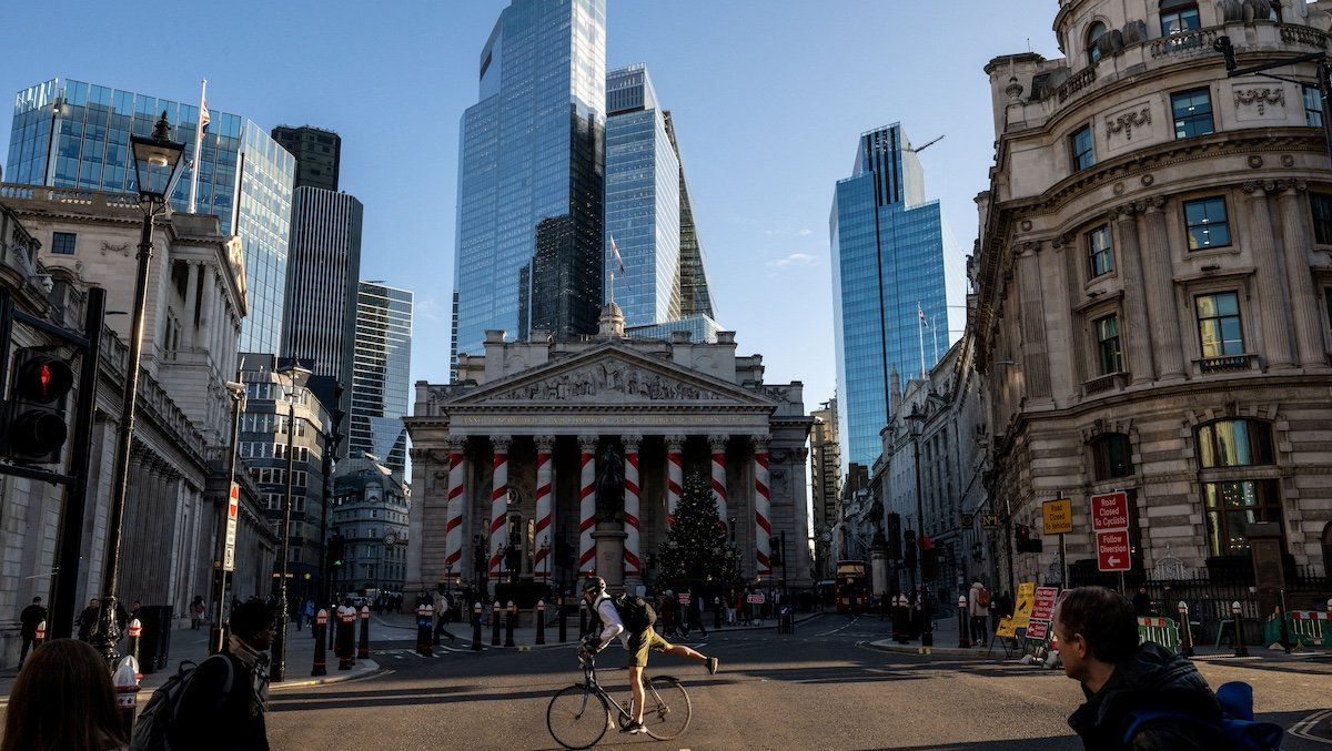 ​FILE PHOTO: Christmas decorations adorn the outside of the Royal Exchange building in London, Britain, November 26, 2024. 