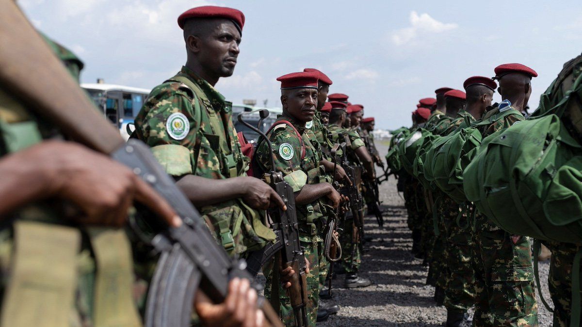 ​FILE PHOTO: Members of Burundi's National Defence Force (FDN), part of the troops of the East African Community Regional Force (EACRF), arrive to their deployment as part of a regional military operation targeting rebels, at the airport in Goma, North Kivu province of the Democratic Republic of Congo March 5, 2023. 