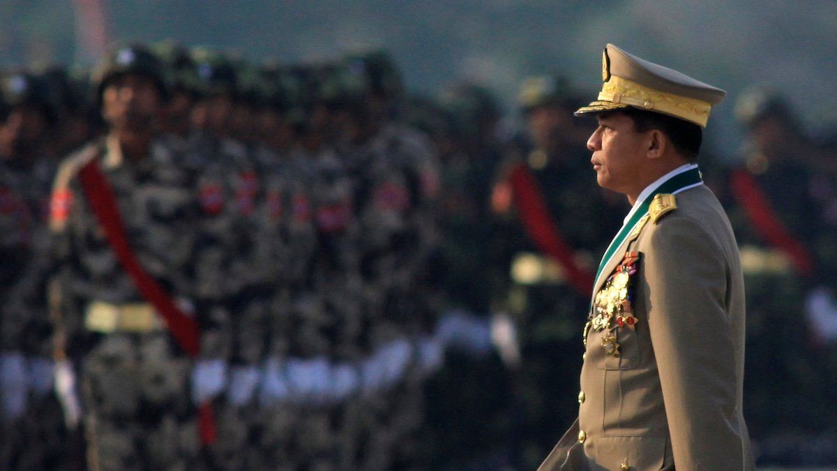 FILE PHOTO: Myanmar's army chief General Min Aung Hlaing inspects troops during a parade to mark the 67th anniversary of Armed Forces Day in Myanmar's capital Naypyitaw March 27, 2012. The event commemorates the Burmese army's rising up against Japanese occupiers in 1945. 