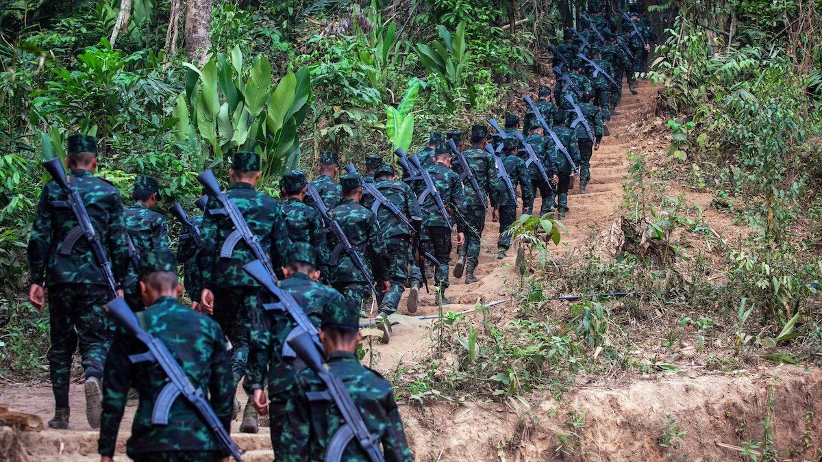 FILE PHOTO: Rebel Bamar People's Liberation Army soldiers in full armor marching. April 15, 2023.