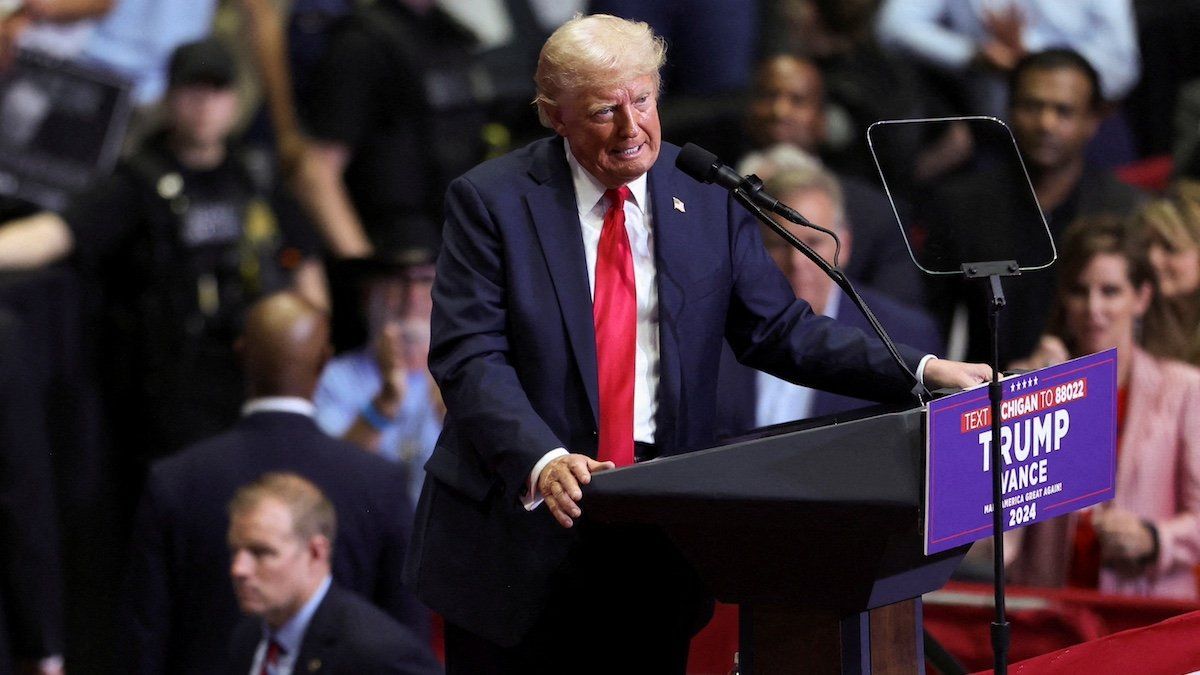 ​FILE PHOTO: Republican presidential nominee and former U.S. President Donald Trump speaks, as he holds a campaign rally for the first time with his running mate, Republican vice presidential nominee U.S. Senator J.D. Vance (R-OH) in Grand Rapids, Michigan, U.S. July 20, 2024. 