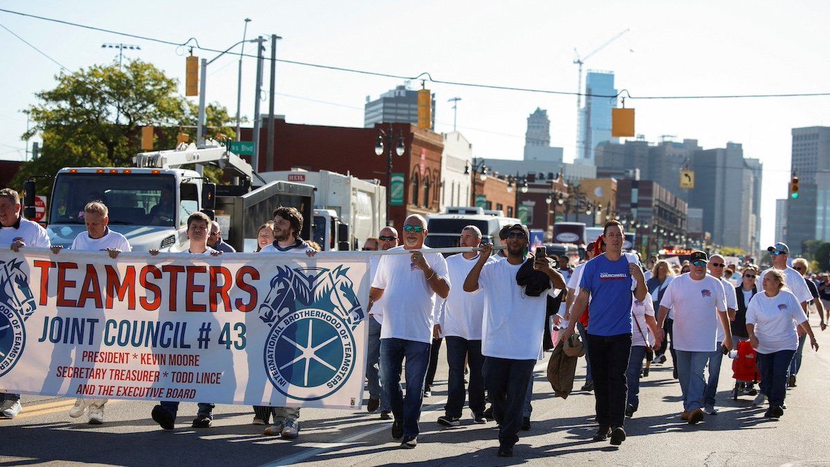 ​FILE PHOTO: Teamsters union members march in the annual Labor Day Parade in Detroit, Michigan, U.S., September 2, 2024. 