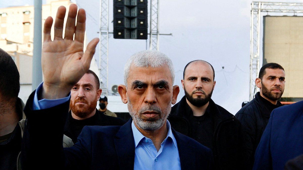 ​FILE PHOTO: Yahya Sinwar, Gaza Strip chief of the Palestinian Islamist Hamas movement, waves to Palestinians during a rally to mark the annual al-Quds Day (Jerusalem Day), in Gaza, April 14, 2023. 