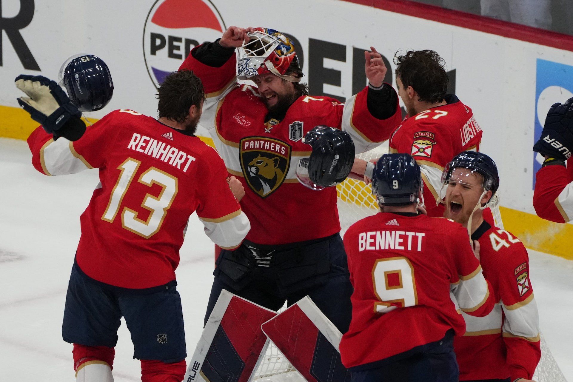 Florida Panthers celebrate beating the Edmonton Oilers in game seven of the 2024 Stanley Cup Final at Amerant Bank Arena.