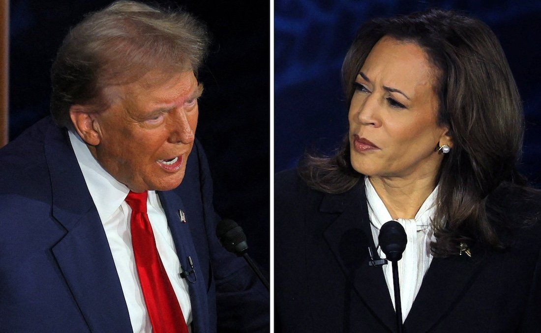 Former President Donald Trump and Vice President Kamala Harris take part in a presidential debate hosted by ABC in Philadelphia, Penn., on Sept. 10, 2024, in a combination of photographs.