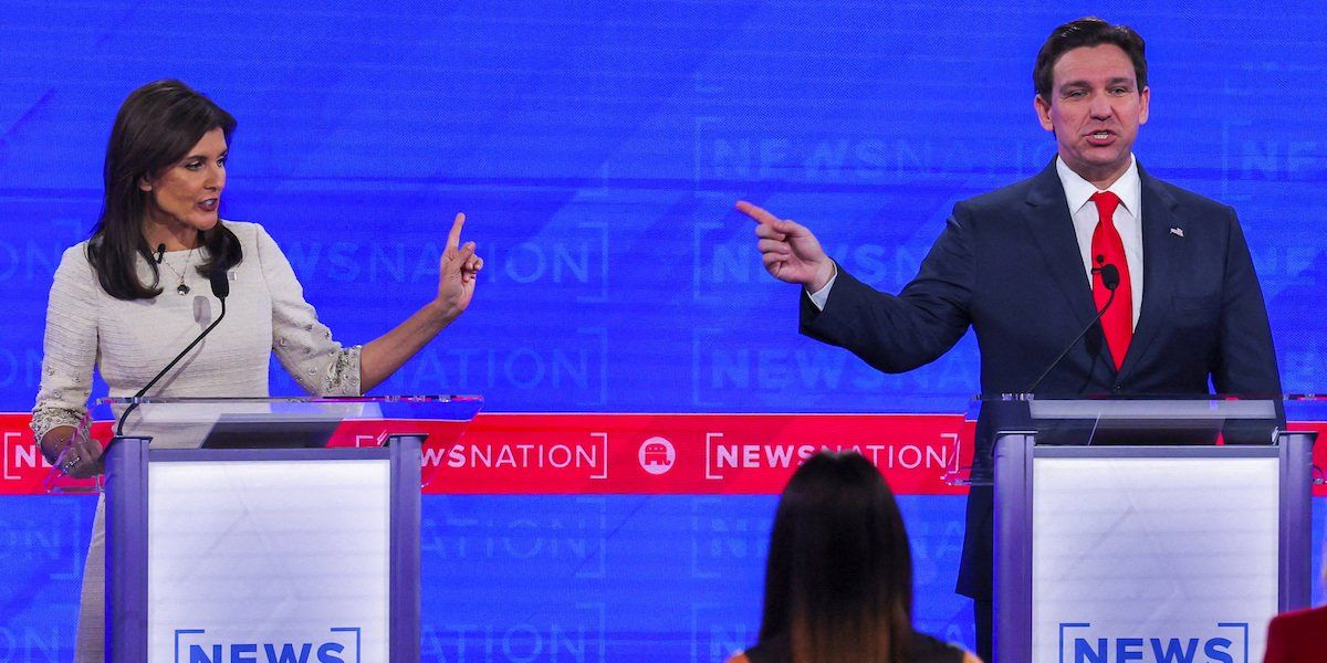 Former US Ambassador to the UN Nikki Haley and Florida Gov. Ron DeSantis participate in the fourth Republican debate of the 2024 US presidential campaign in Tuscaloosa, Alabama, U.S.