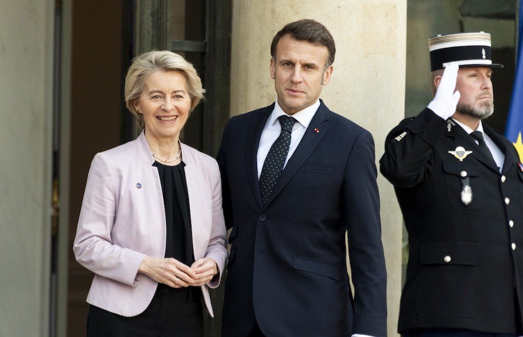 ​France's President Emmanuel Macron welcomes Ursula von der Leyen before an informal summit of European leaders to discuss the situation in Ukraine and European security at The Elysee Presidential Palace in Paris on Feb. 17, 2025.