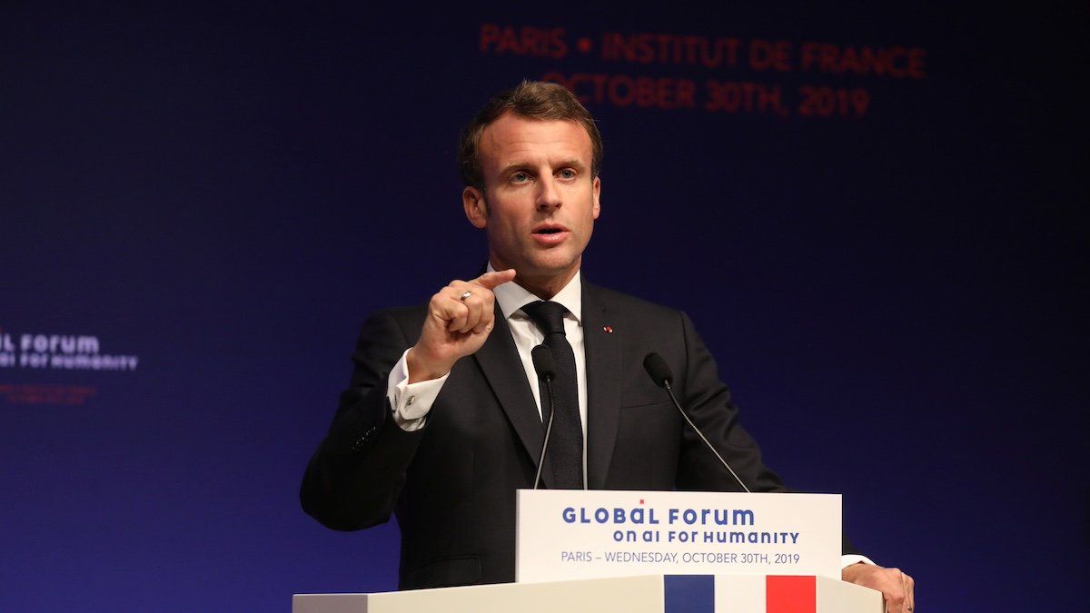 ​French President Emmanuel Macron delivers a speech during the Global Forum on Artificial Intelligence for Humanity (GFAIH) at the Institut de France in Paris, France October 30, 2019. 