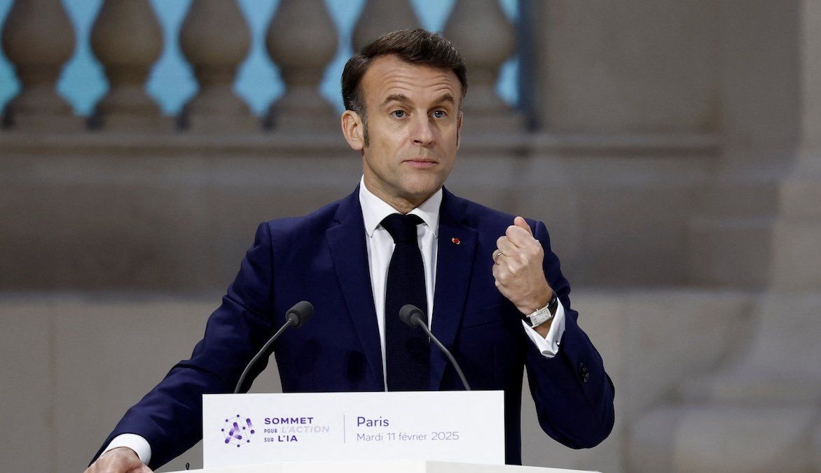 ​French President Emmanuel Macron delivers a speech during the plenary session of the Artificial Intelligence Action Summit at the Grand Palais in Paris, France, on Feb. 11, 2025. 