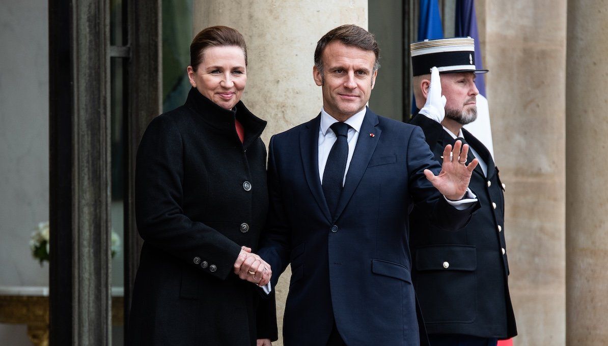 ​French President Emmanuel Macron receives Denmark's Prime Minister Mette Frederiksen at the Elysee Palace in Paris, France, on Jan. 28, 2025. 