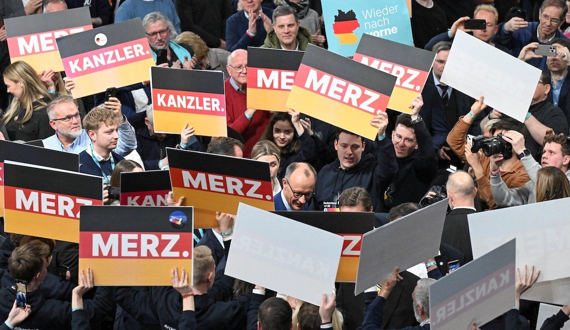 ​German conservative CDU candidate for chancellor Friedrich Merz attends a campaign event in Vechta, Germany, on Feb. 19, 2025. 