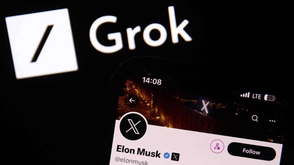 Grok logo displayed on a laptop screen and Elon Musk account on X displayed on a phone screen are seen in this illustration photo taken in Krakow, Poland on December 8, 2023. 