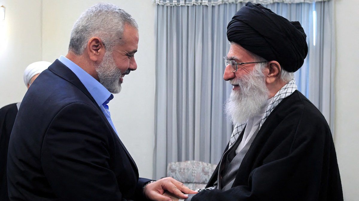 Hamas leader Ismail Haniyeh with Iran’s Supreme Leader Ayatollah Ali Khamenei in Tehran on June 22, 2023.