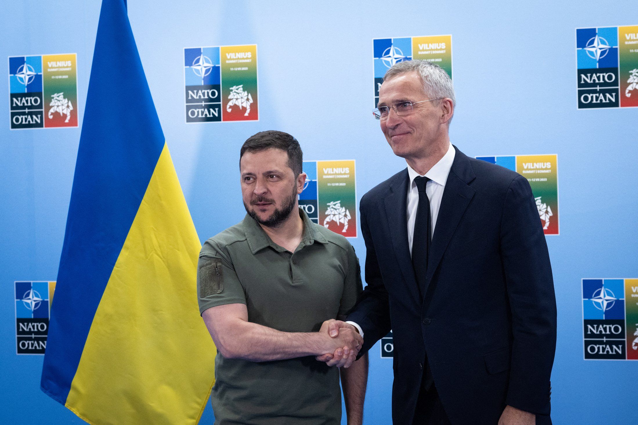 ​Handout photo shows Left to right: President Volodymyr Zelenskyy (Ukraine) with NATO Secretary General Jens Stoltenberg in Vilnius. NATO Secretary General Jens Stoltenberg welcomed Ukraine's President Volodymyr Zelensky to the NATO Summit on Wednesday July 12, 2023, ahead of the inaugural meeting of the NATO-Ukraine Council in Vilnius, Lithuania. 