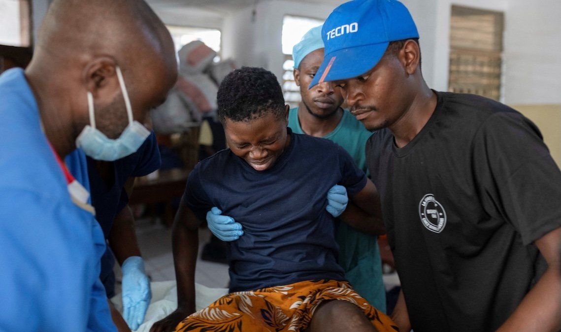 ​Health workers bring a patient for surgery, at the CBCA Ndosho Hospital, a few days after the M23 rebel group seized the town of Goma, in Goma, North Kivu province in eastern Democratic Republic of the Congo, on Feb. 1, 2025. 