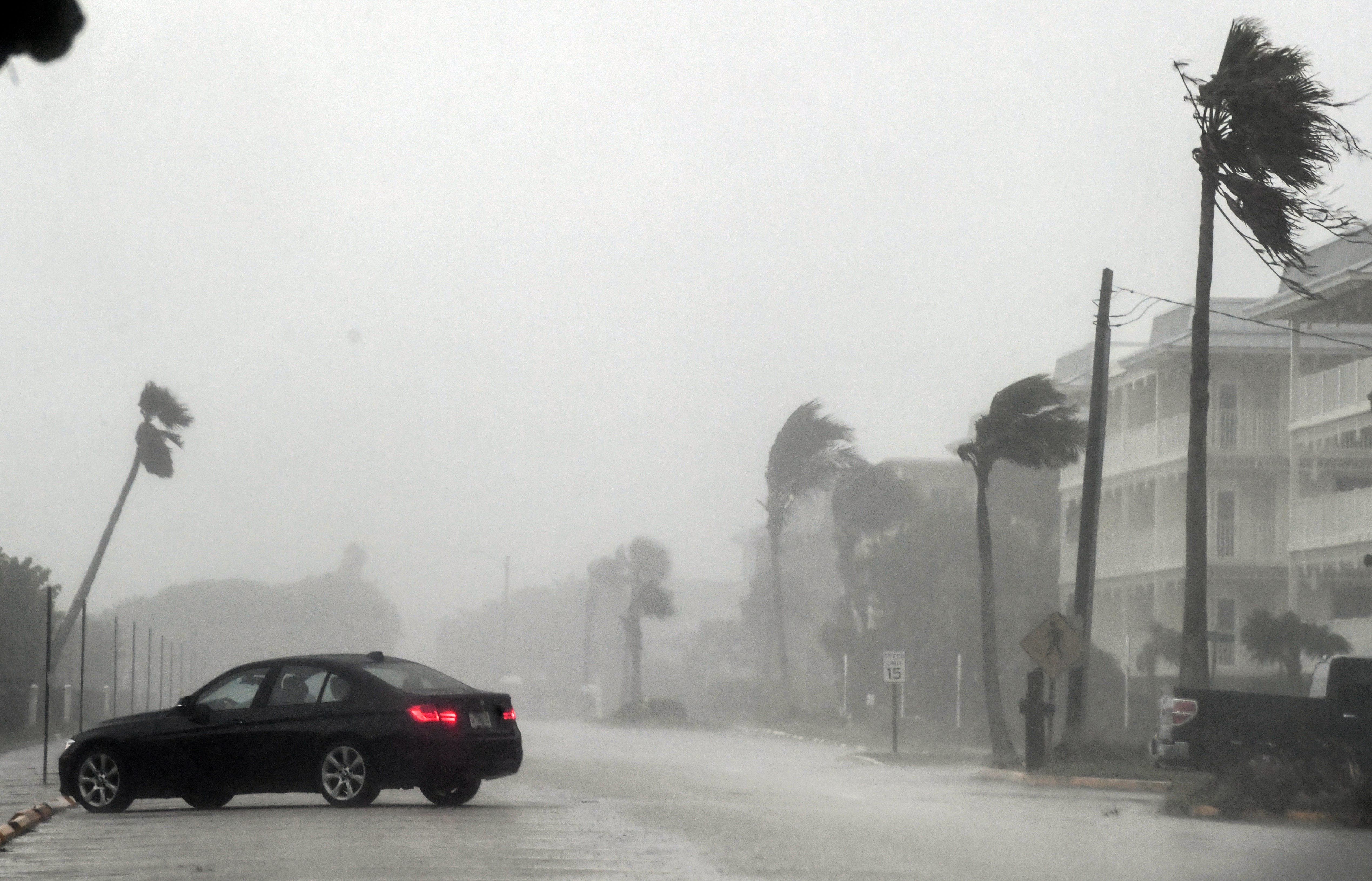 ​Heavy wind blows through the trees off the 5th Av. Boardwalk in Indialantic, FL Wednesday, October 9, 2024 as hurricane Milton approaches. 