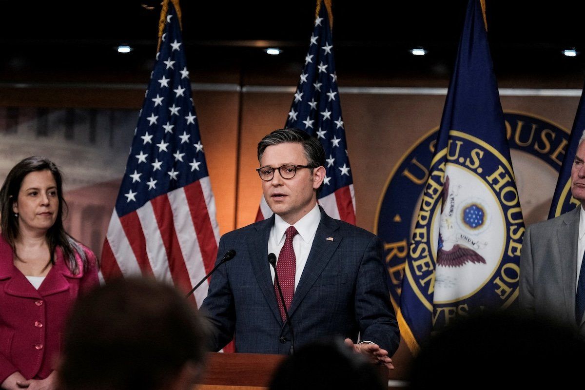 ​House of Representatives Speaker Mike Johnson (R-LA) speaks to reporters during a weekly press conference at Capitol Hill in Washington, DC, on April 16, 2024. 