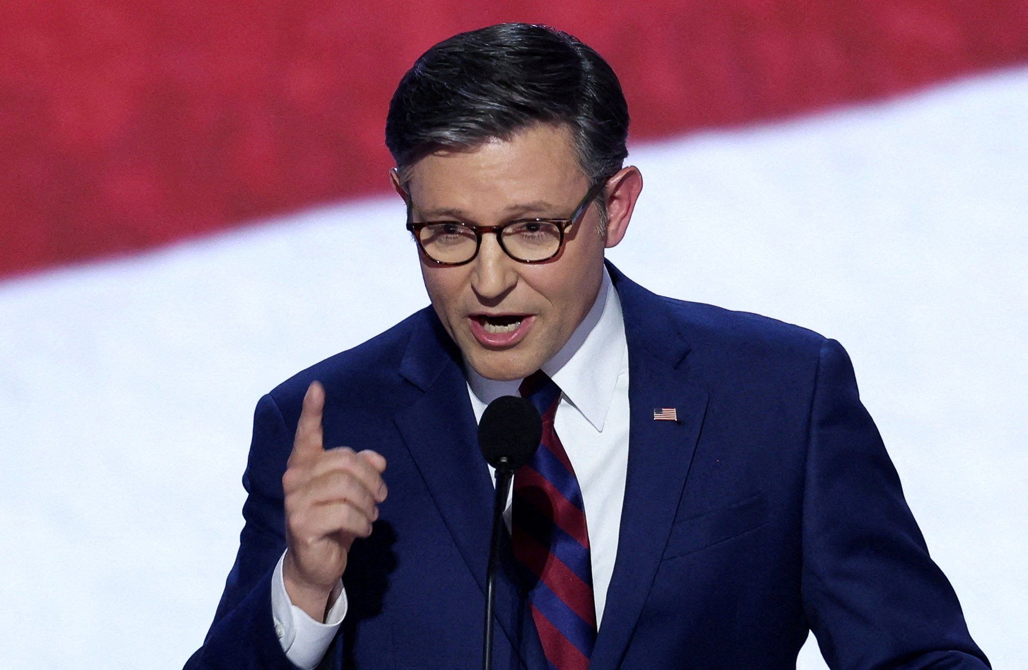 ​House Speaker Mike Johnson (R-LA) speaks during Day 2 of the Republican National Convention (RNC), at the Fiserv Forum in Milwaukee, Wisconsin, U.S., July 16, 2024. 