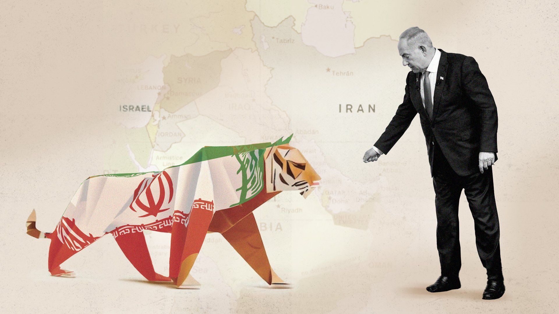 ​Iran portrayed as an origami tiger, being coaxed by Netanyahu.