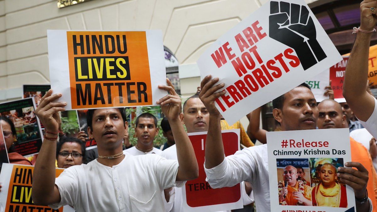 ​ISKCON (International Society for Krishna Consciousness) activists hold placards as they protest demanding the release of Hindu priest Chinmoy Krishna Das Prabhu, who was arrested in Bangladesh, in Kolkata, India, 29 November 2024. Chinmoy Krishna Das Prabhu, the spokesperson for the Bangladesh Sammilita Sanatani Jagran Jote was arrested by the Dhaka Metropolitan Police on November 25, accused of disrespecting Bangladesh's national flag during a rally. 