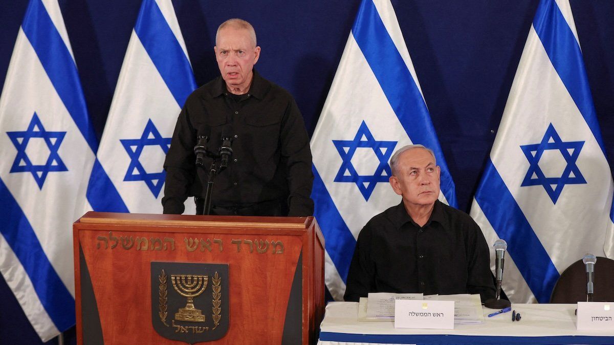 Israeli Defense Minister Yoav Gallant speaks next to prime minister Benjamin Netanyahu during a press conference in the Kirya military base in Tel Aviv, Israel , 28 October 2023. 