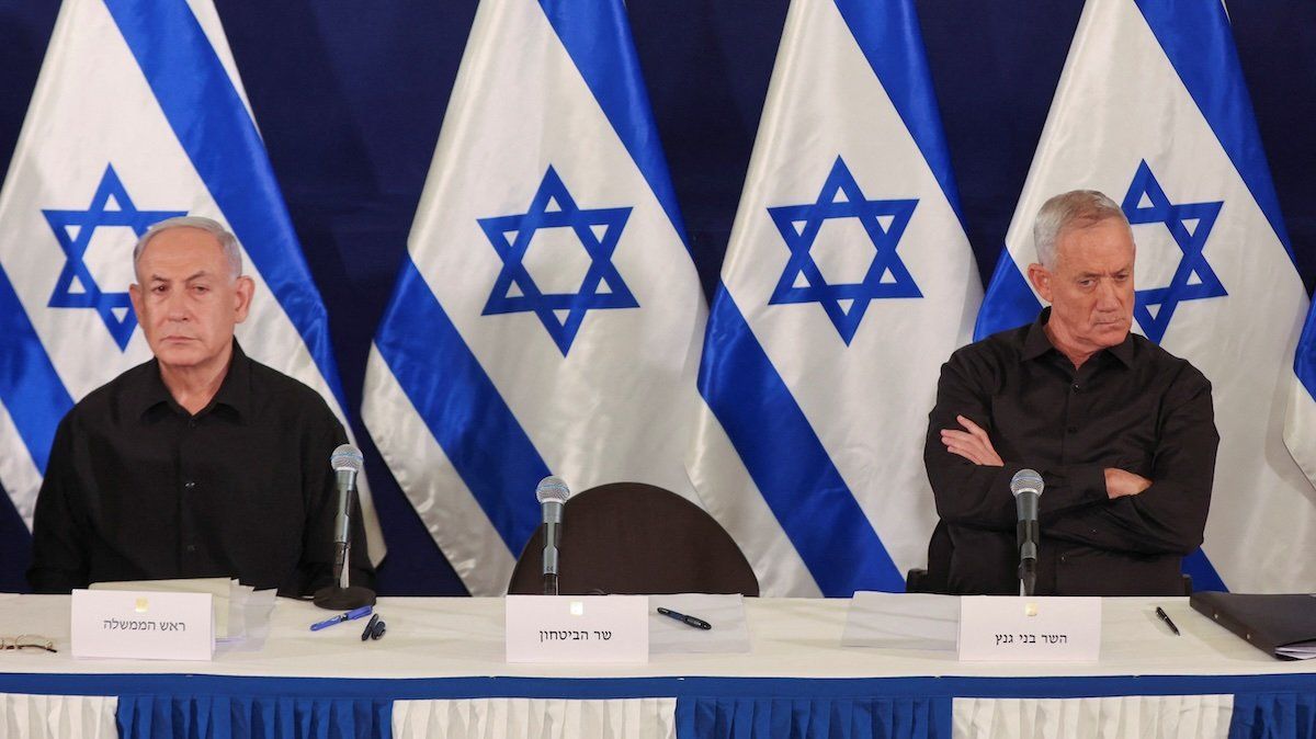 Israeli prime minister Benjamin Netanyahu and Cabinet minister Benny Gantz during a press conference in the Kirya military base in Tel Aviv , Israel , 28 October 2023.