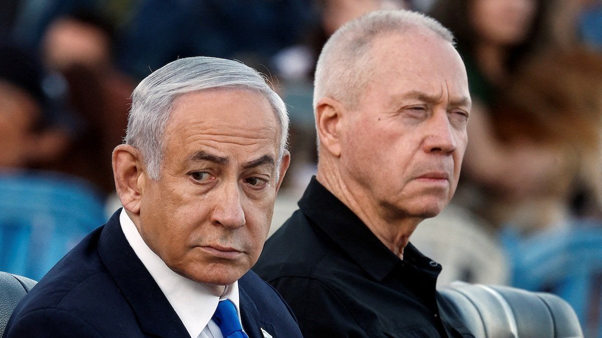 Israeli Prime Minister Benjamin Netanyahu and Israeli Defense Minister Yoav Gallant attend a ceremony for the 70th cohort of military combat officers, at an army base near Mitzpe Ramon, Israel, October 31, 2024. 