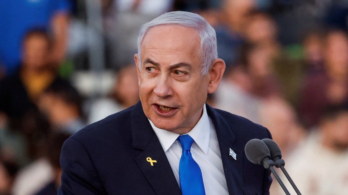 Israeli Prime Minister Benjamin Netanyahu speaks at a ceremony for military combat officers at an army base near Mitzpe Ramon, Israel, October 31, 2024.