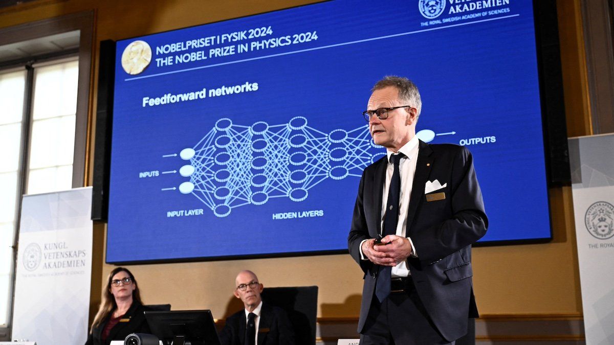 John J Hopfield and Geoffrey E Hinton are awarded this year's Nobel Prize in Physics. Professor Anders Irback explains their work at the press conference at the Royal Swedish Academy of Sciences in Stockholm, Sweden October 8, 2024