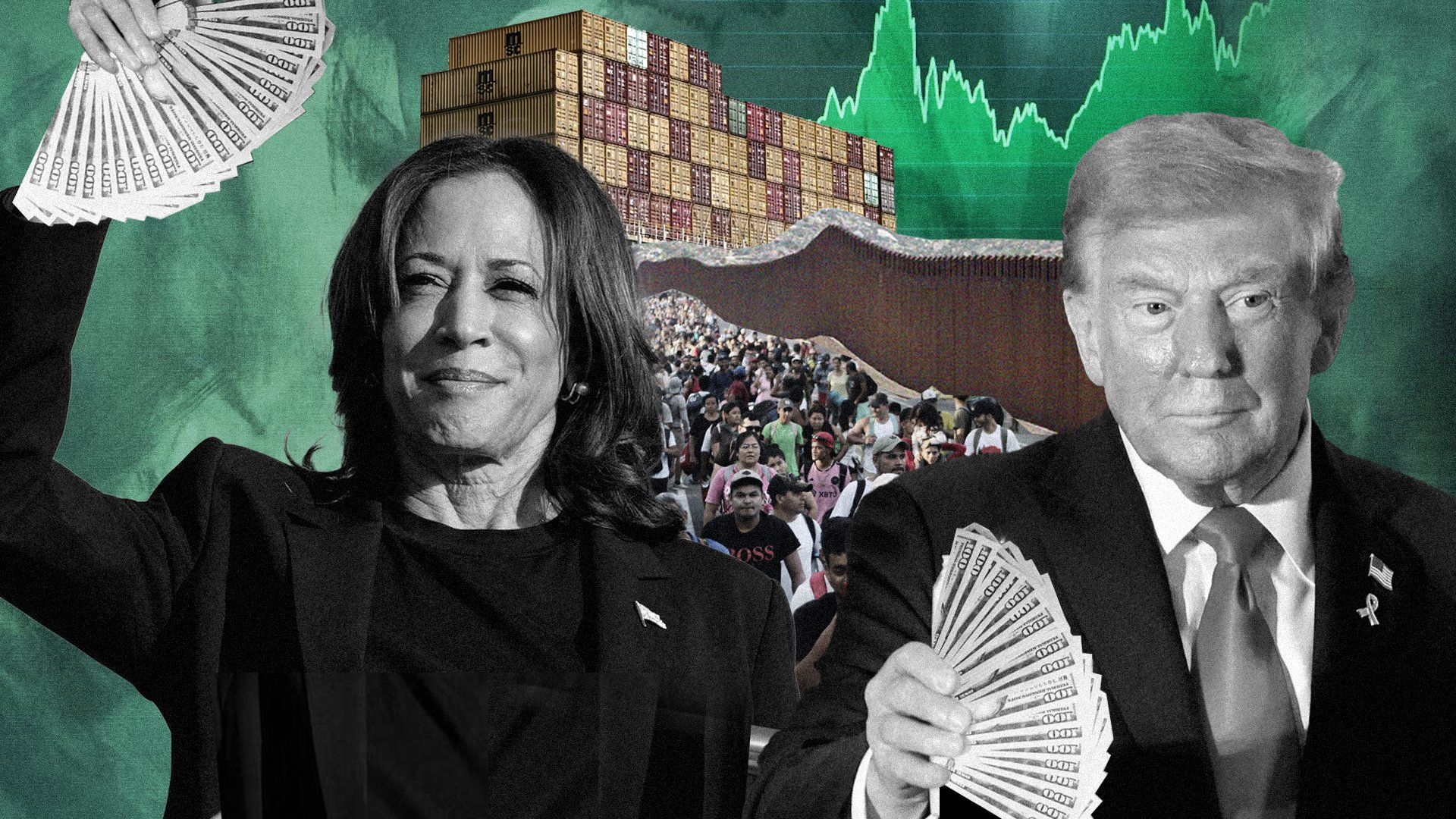 ​Kamala Harris and Donald Trump surrounded by the economy.