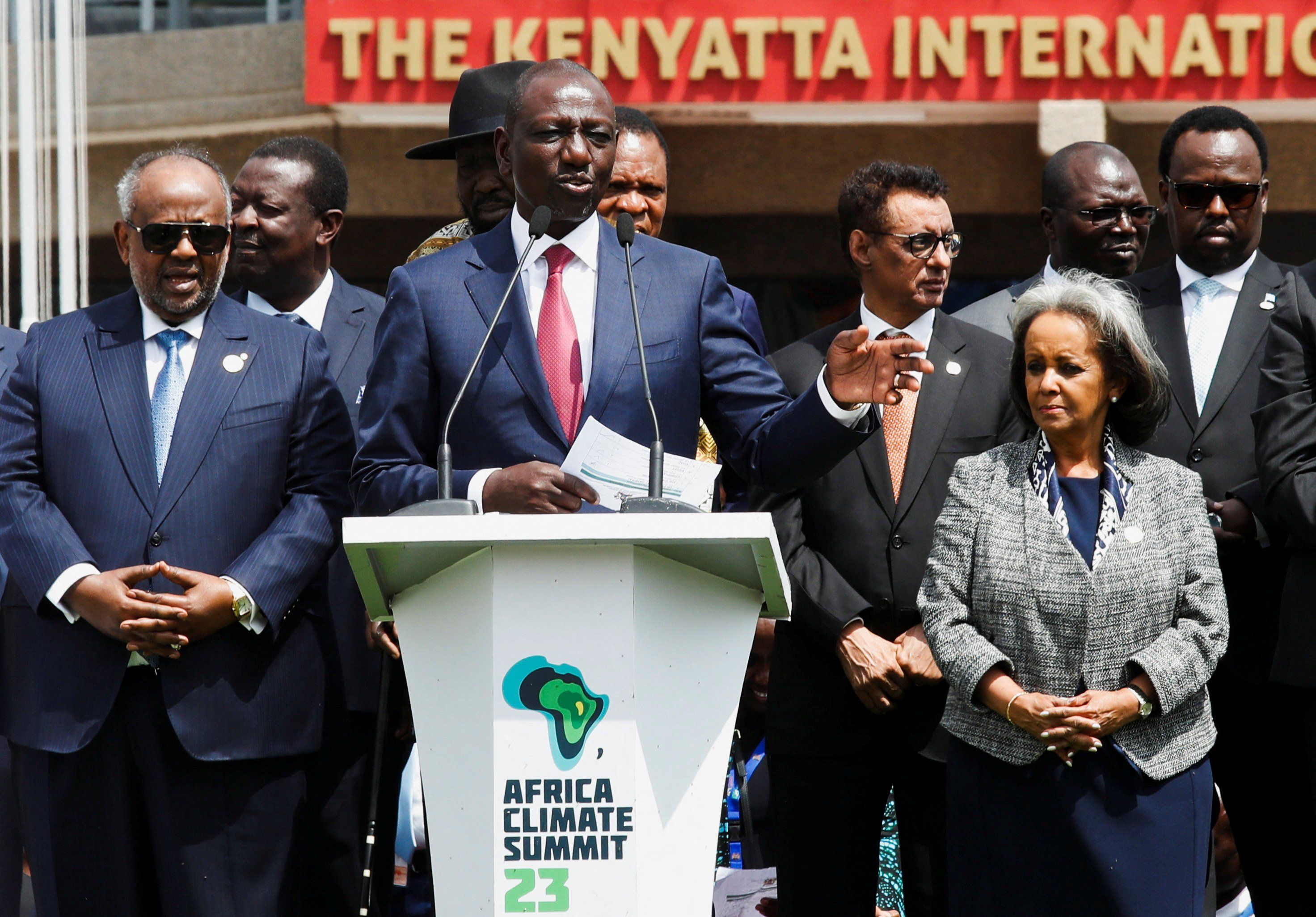 Kenya's President William Ruto, flanked by African leaders, addresses the media after the close of the Africa Climate Summit in Nairobi.