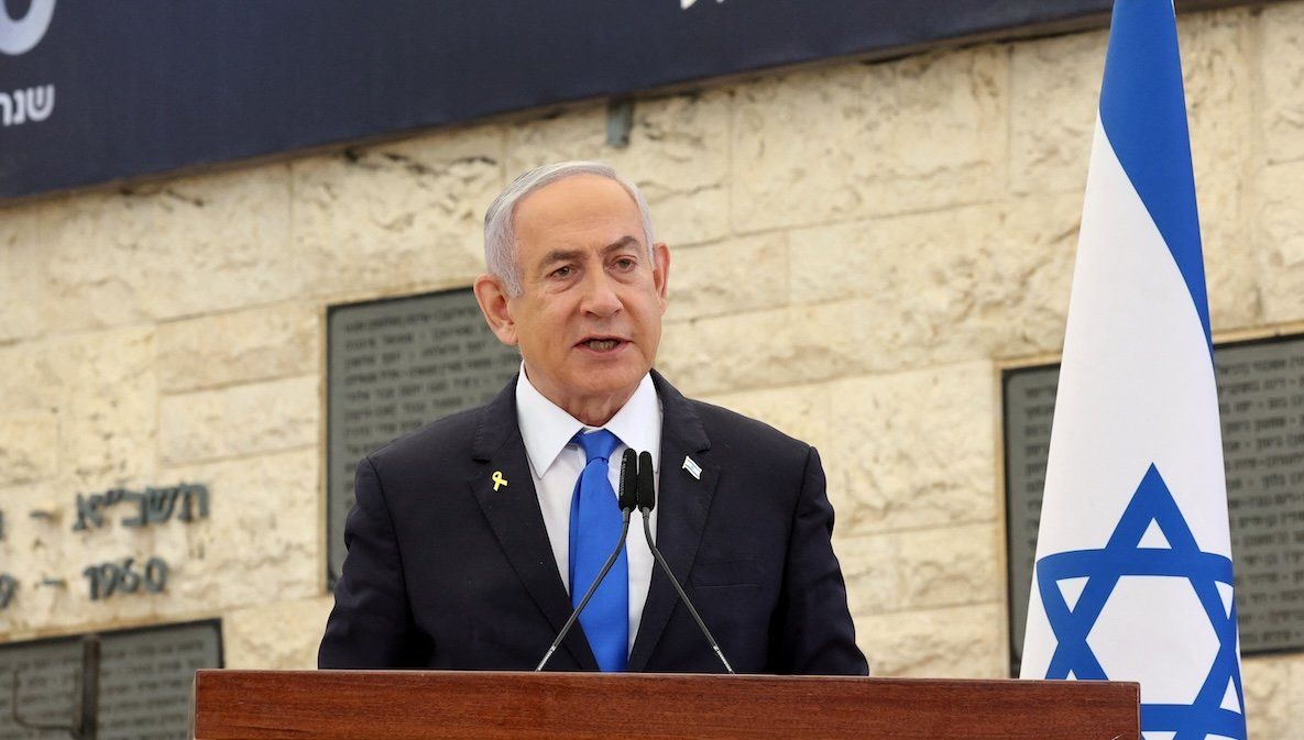 ​Israeli Prime Minister Benjamin Netanyahu speaks during a memorial ceremony of the Hamas Oct. 7 attack at the Mount Herzl military cemetery in Jerusalem on Oct. 27, 2024, where he was heckled by family members victims. 