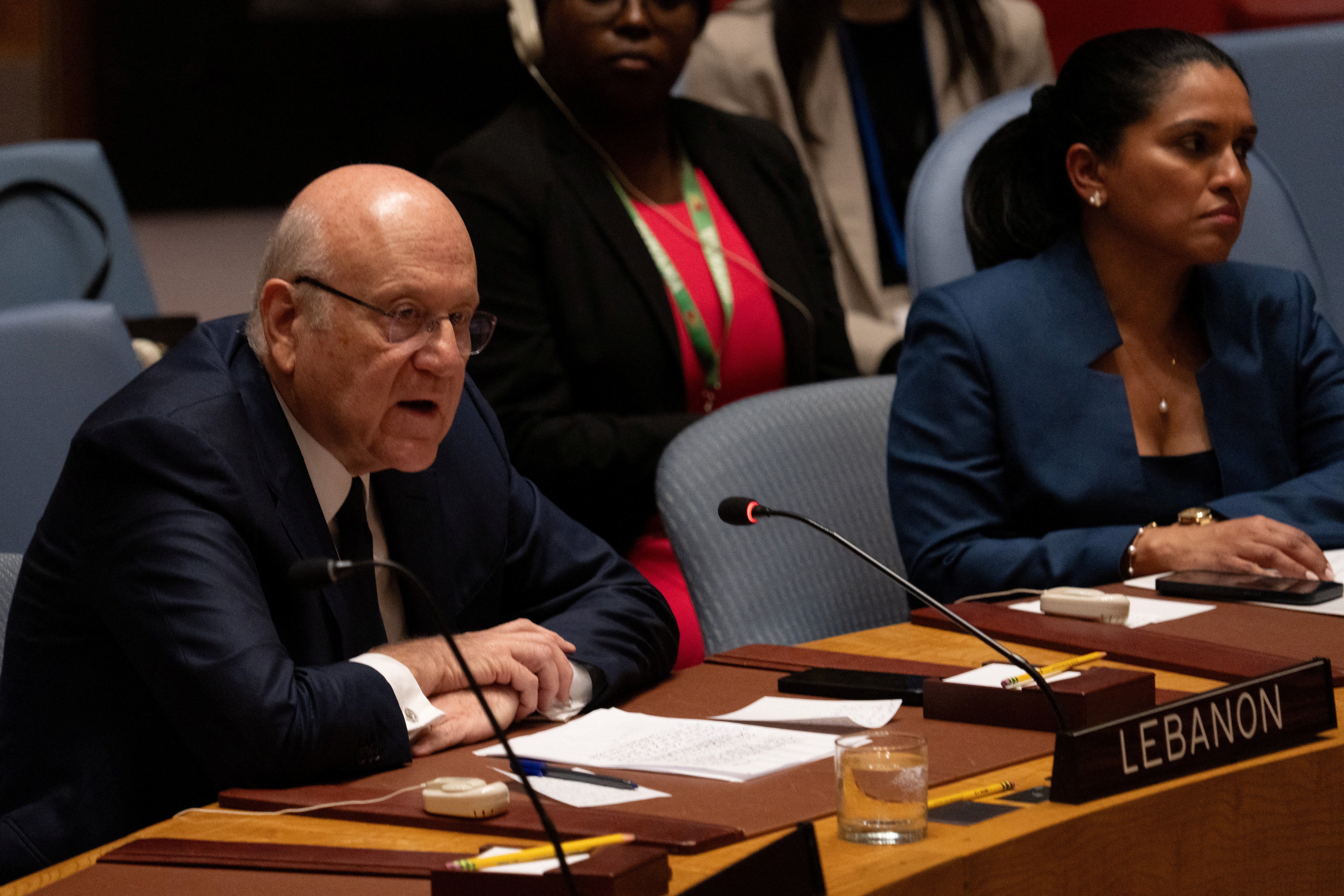 ​Lebanon's caretaker Prime Minister, Najib Mikati speaks at the United Nations Security Council meeting on the escalation in fighting in Lebanon between Israel and Hezbollah during the United Nations General Assembly at U.N. headquarters in New York, U.S., September 25, 2024. 