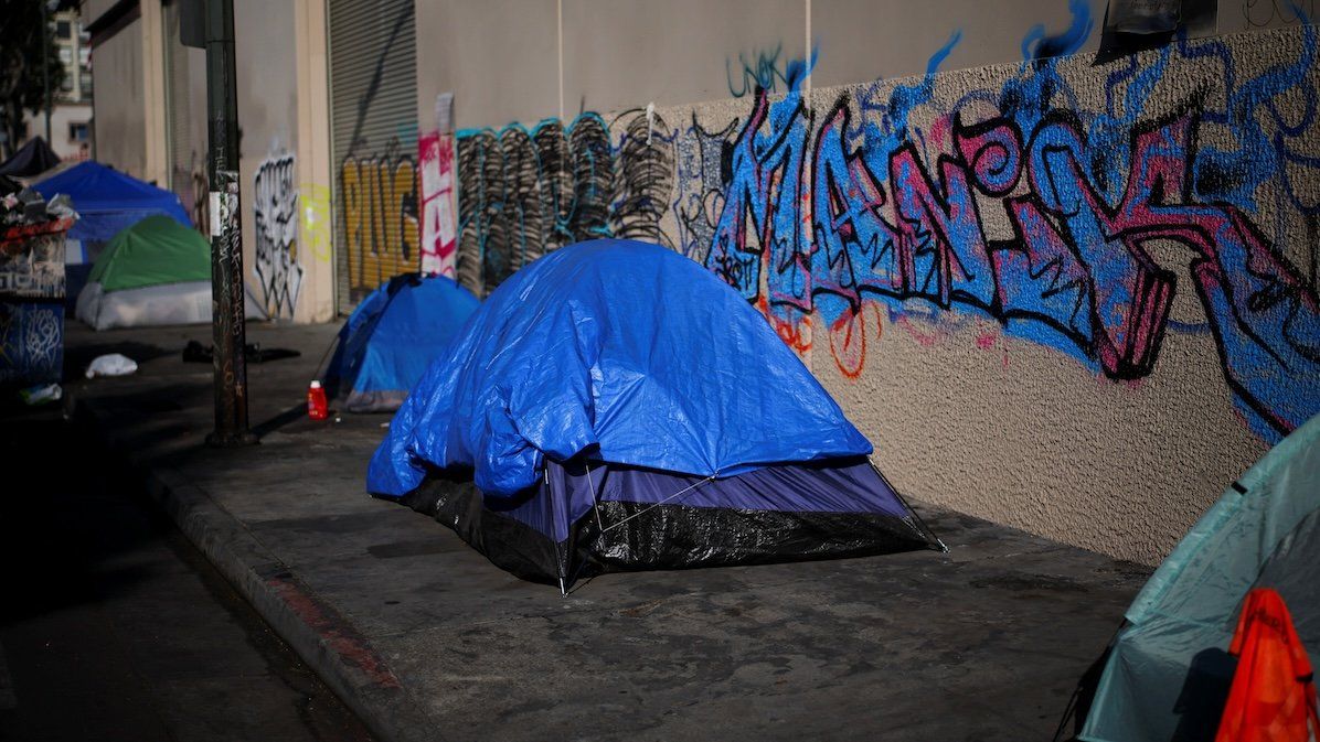 ​Tents are pitched on a sidewalk in Skid Row, Los Angeles, California, Dec. 9, 2024.