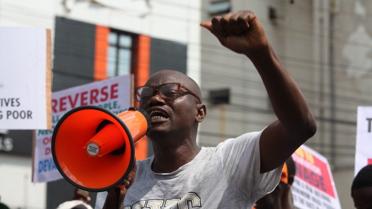 Members of civil society groups are holding a peaceful protest over economic hardship and unfriendly government policies to mark Nigeria Democracy Day in Ikeja, Lagos, Nigeria, on June 12, 2024.