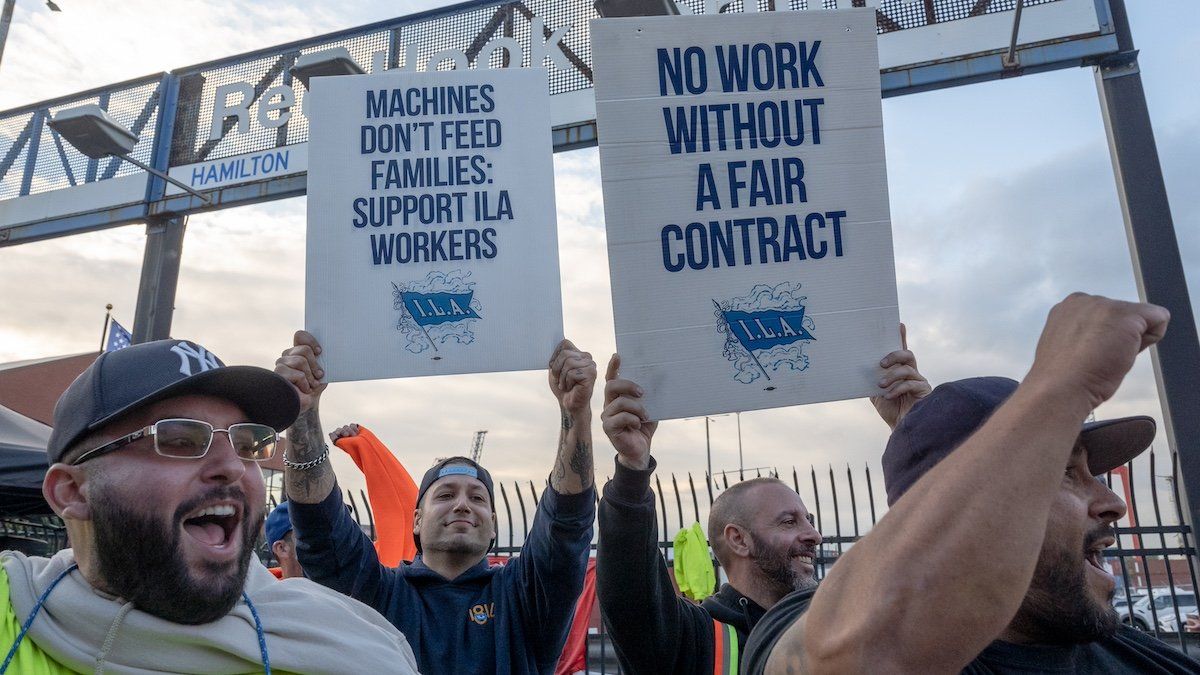 Members of the International Longshoremen's Association strike for higher wages and protection from automation outside Red Hook Terminal in Brooklyn, New York, on Oct. 2, 2024.