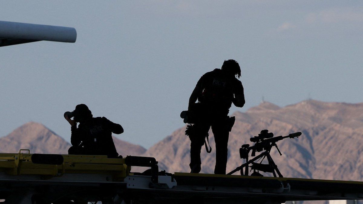 ​Members of the U.S. Secret Service Counter Sniper team stand guard near Air Force One at Harry Reid International Airport in Las Vegas, Nevada, U.S., July 15, 2024. 