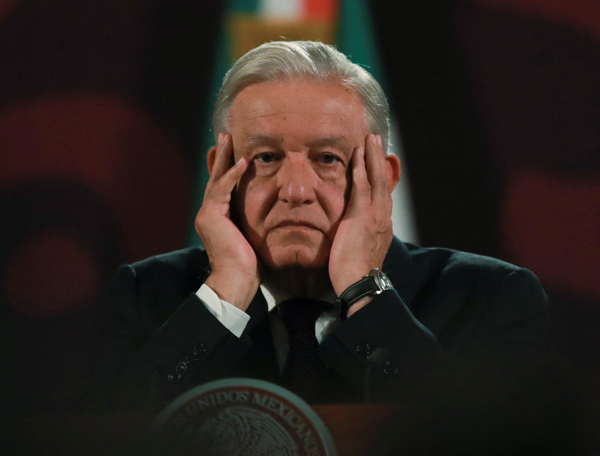 Mexico's President Andres Manuel Lopez Obrador gestures during a press conference after Mexico's Security Minister Rosa Icela Rodriguez informed of the detention of Joaquin Guzman Lopez, El Chapo Guzman's son, and Ismael "El Mayo" Zambada, at the National Palace, in Mexico City, Mexico July 26, 2024. 