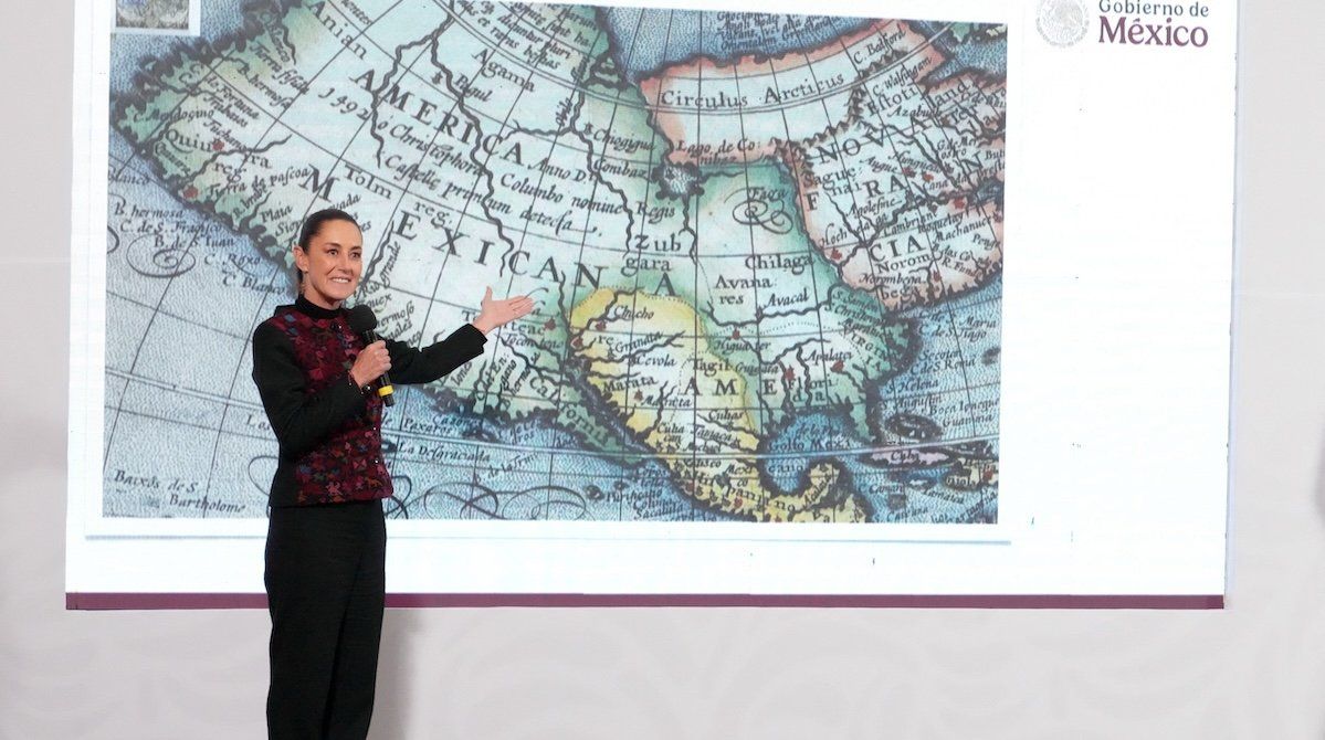 ​Mexico's President Claudia Sheinbaum shows a 1661 world map showing the Americas and the Gulf of Mexico in response to US President-elect Donald Trump's comments about renaming the body of water, during a press conference at National Palace in Mexico City, Mexico, on Jan. 8, 2025. 