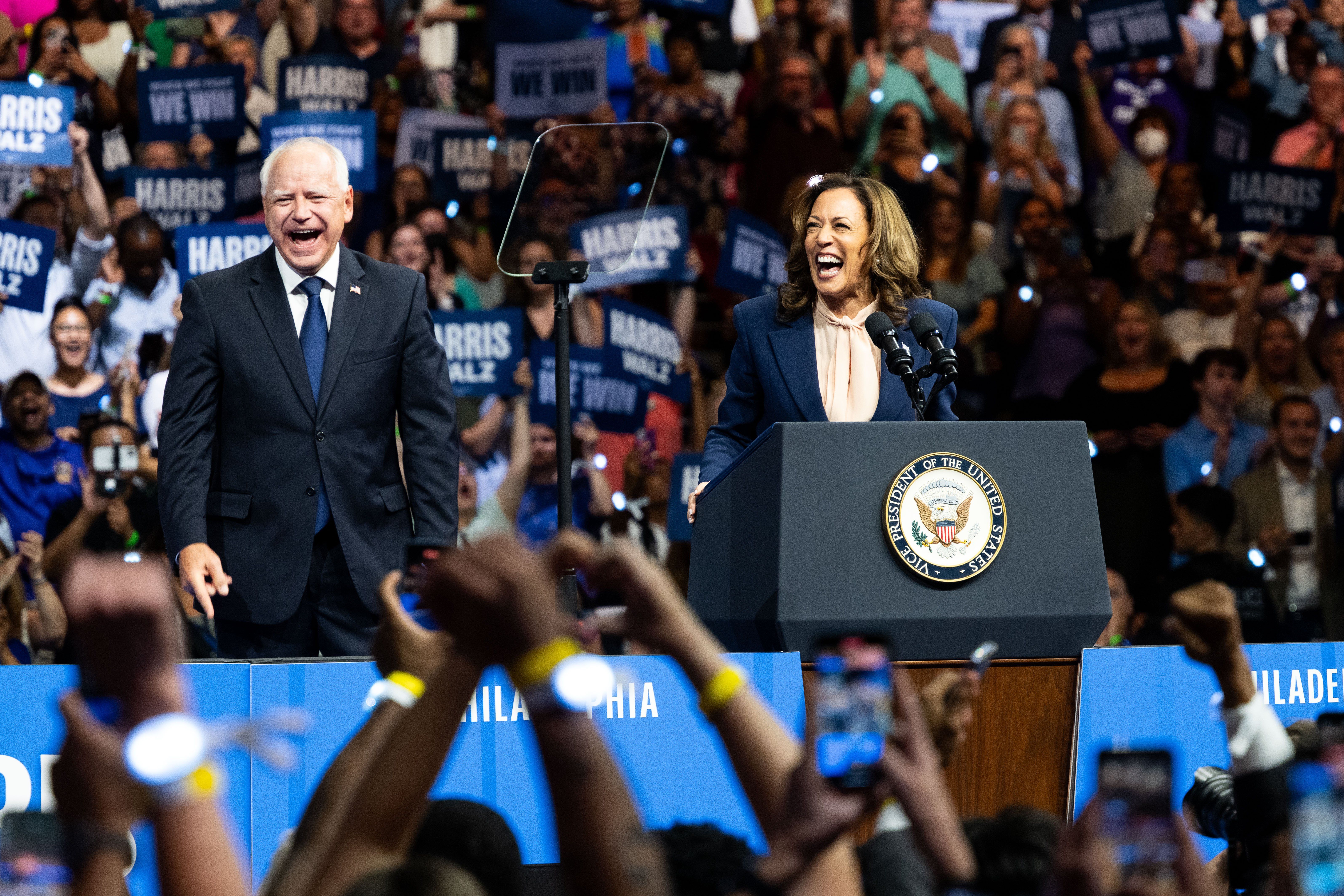 Minnesota Governor Tim Walz (D) and Vice President Kamala Harris seen at a Harris/Walz campaign event at the Liacouras Center at Temple University in Philadelphia.