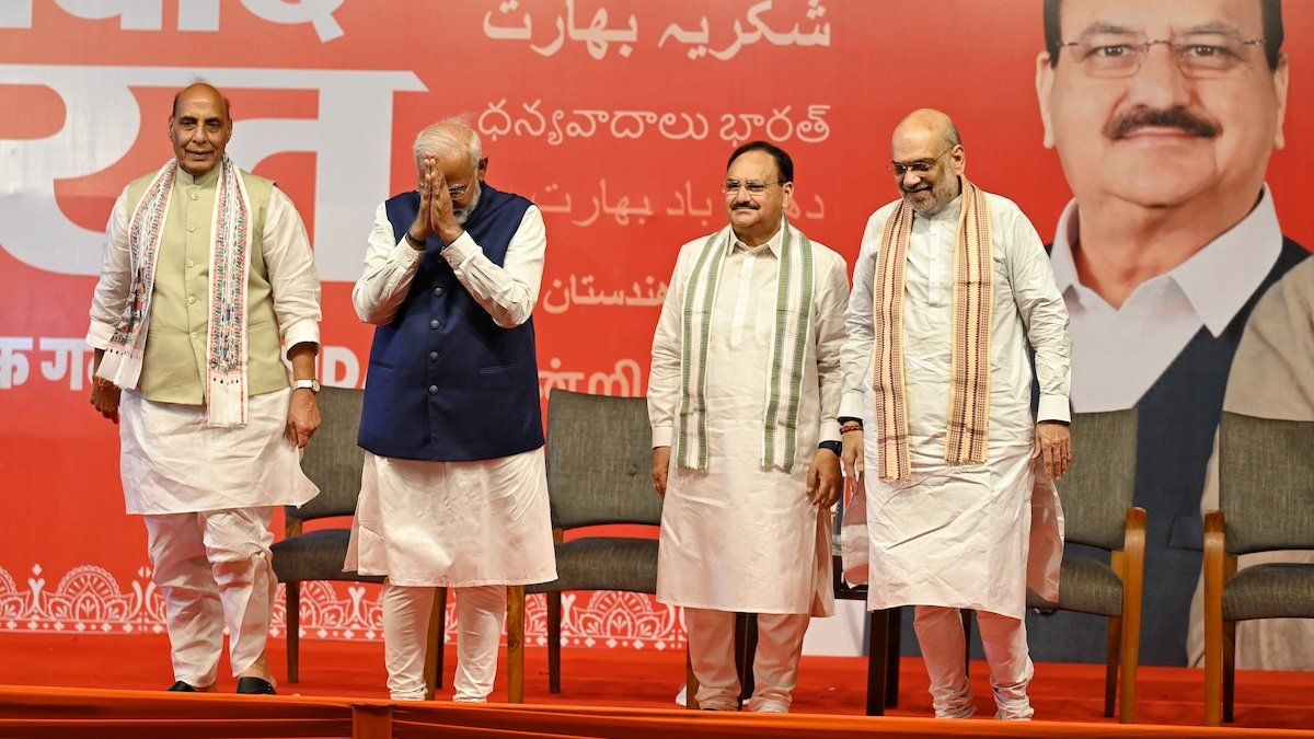 NEW DELHI, INDIA - JUNE 4: Prime Minister Narendra Modi, BJP National President JP Nadda, Rajnath Singh and Amit Shah during celebration at BJP HQ as the party leads in the Lok Sabha elections amid the counting of votes, on June 4, 2024 in New Delhi, India.